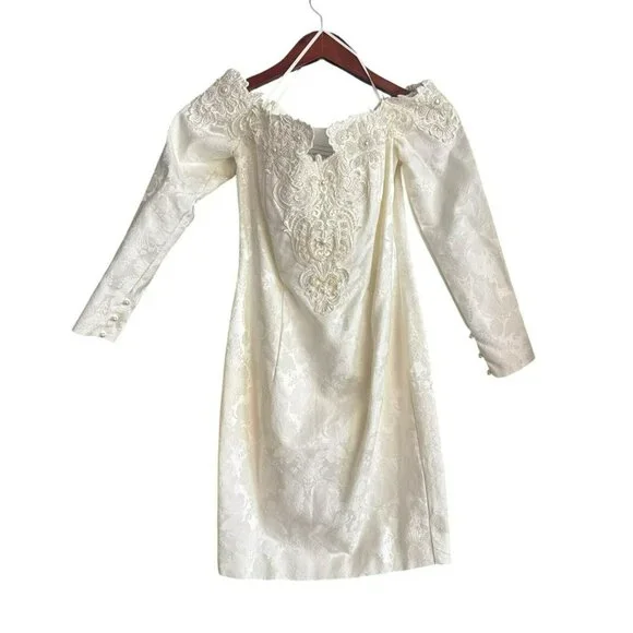 Vintage Jessica McClintock Ivory Lace Dress 6 Off-Shoulder Beaded Bridal Mini - Picture 3 of 12